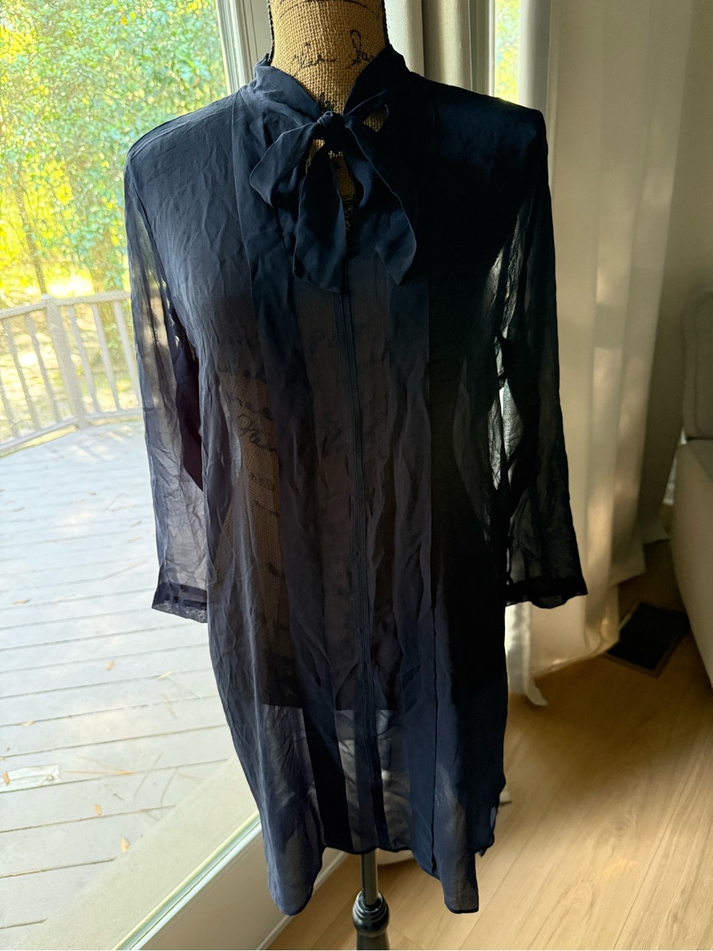 Club Monaco Navy Sheer Tie-Bow Long Sleeve Tunic